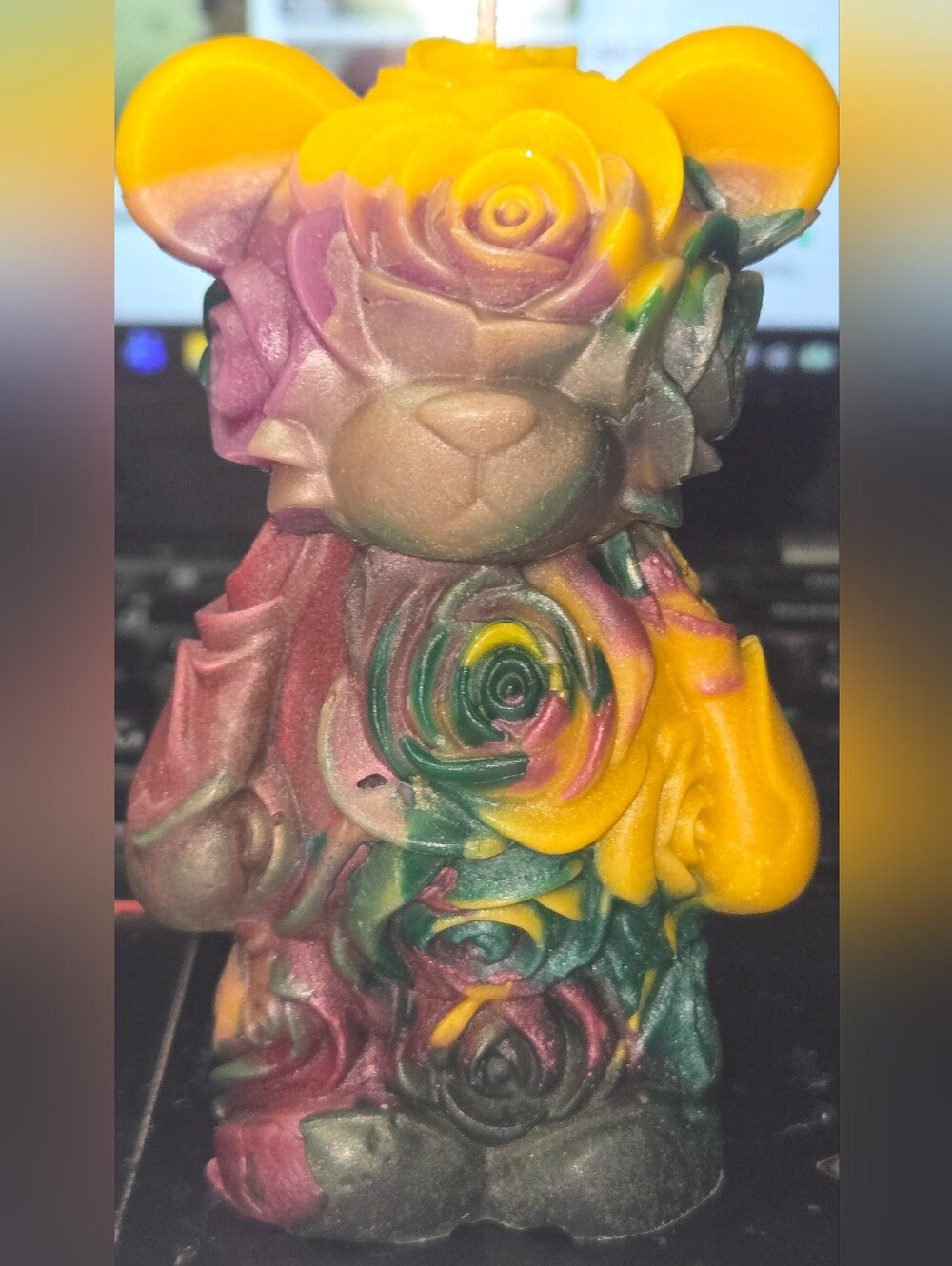 Adorable Rainbow Rose Bear Candle